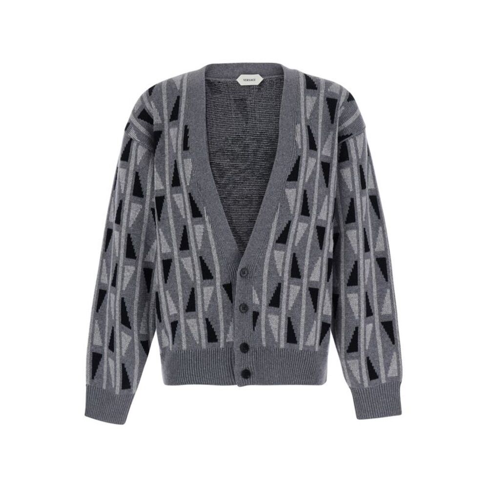 Versace Men Gray Sweater With Medusa Details On The Leather Front